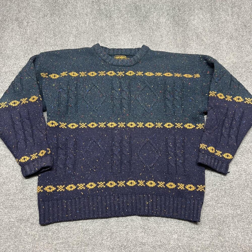 Vintage Eddie Bauer Sweater Mens XL Blue Wool Crewneck Geometric Knit Hong Kong